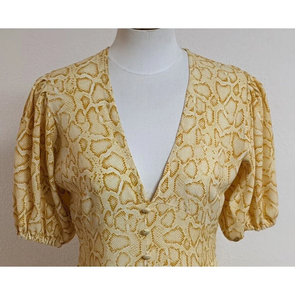 Faithfull The Brand Yellow Snakeskin 100% Rayon Tie Back Prarie Style Dress 4 - Picture 4 of 14